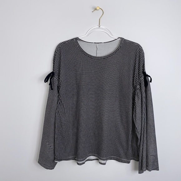 ZARA Black & White Check Gingham Long Sleeve Top with Bows at Sleeves Sz L - Picture 1 of 9